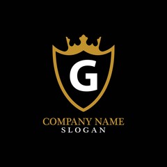Illustration of Shield Shape with letter G in the middle and Luxury Crown. Logo Icon Template for Web and Business Card, Letter Logo Template on Black Background
