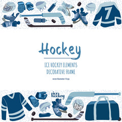 Ice Hockey hand drawn pattern decorative border. Puck, equipment of hockey player with hockey-stick. 