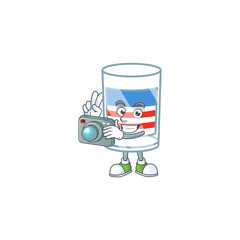 A USA stripes glass Photographer cartoon character in action with a camera