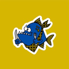  Sticker of Blue Fish Bring a Fork and Knife to Eat, Cute Funny Character, Flat Design
