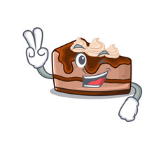 mascot of funny chocolate cheesecake cartoon Character with two fingers