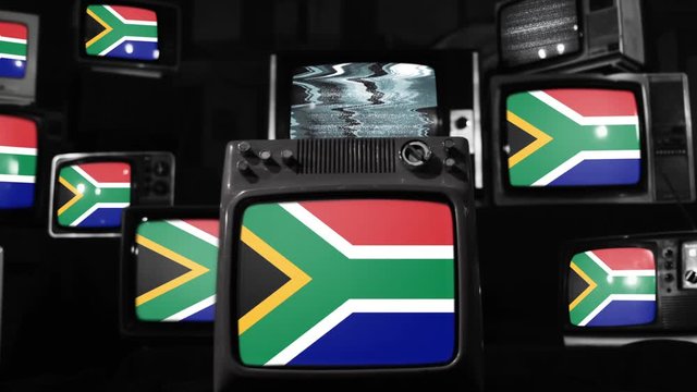 South African flags and Retro Televisions. Black and White Tone. Zoom In.