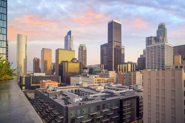 Beautiful sunset of Los Angeles downtown skyline
