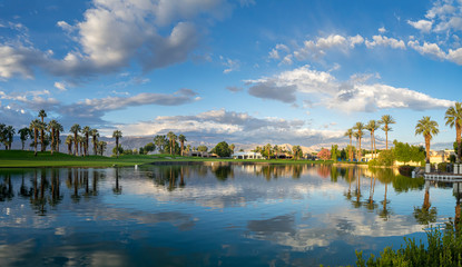 View of water features on a golf course  in Palm Desert, CA.Palm Desert and Palm Springs are popular golf destinations. 