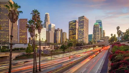 Fotobehang Beautiful sunset of Los Angeles downtown skyline © f11photo