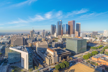 Beautiful sunset of Los Angeles downtown skyline in CA