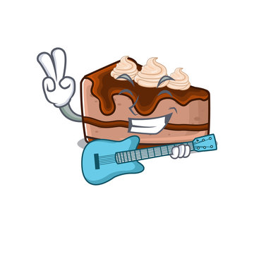 A picture of chocolate cheesecake playing a guitar
