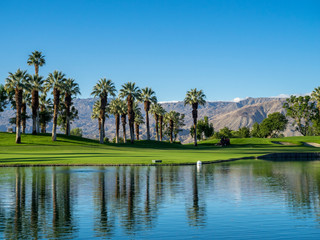 View of water features on a golf course  in Palm Desert, CA.Palm Desert and Palm Springs are popular golf destinations. 
