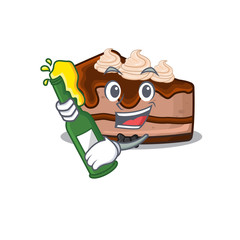 mascot cartoon design of chocolate cheesecake with bottle of beer