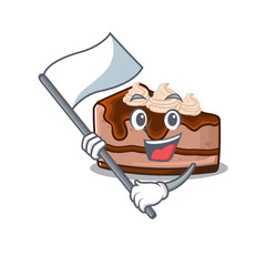 Funny chocolate cheesecake cartoon character style holding a standing flag