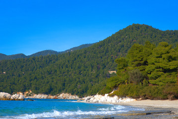 Fototapeta na wymiar Milia beach . Skopelos island . Sporades , Greece Beutiful beaches 