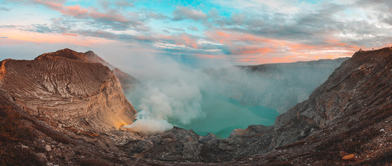 Kawa Ijen Volcano and lake in sunrise View at Indonesia.