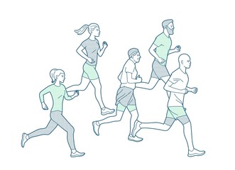 Runners group in motion. Running men and women sports background. People runner race, training to marathon, jogging and running illustration. Different gender and age marathon runners.