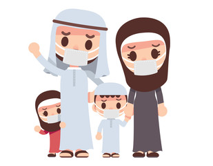 Vector illustration of a cute Arab , Muslim family characters wearing mask isolated on white background.