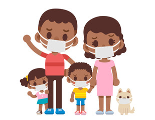 Vector illustration of a cute family characters wearing mask isolated on white background.