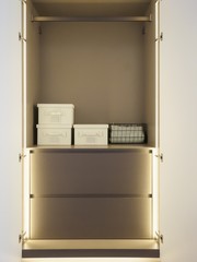 Opened door wardrobe display set of leather boxes with vertical LED lighting inside.