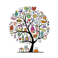 Art tree with female accesuares, gifts and wishes. Idea for your design birthday card, shop logo, banner