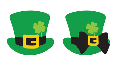Vector illustration of leprechaun green top hat with clover for St. Patrick’s Day.