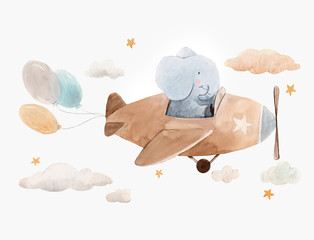 Cute watercolor artwork with baby elephant on the plane with air baloons, clouds and stars. Stock illustration.