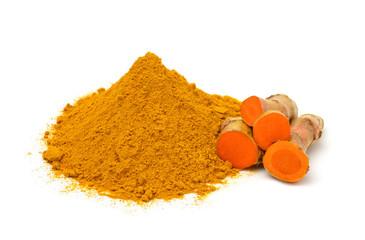 Turmeric (curcumin) rhizomes and powder isolate on a white background.