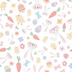 Vector hand drawn Easter seamless pattern with cute bunnies, chicken, eggs and flowers