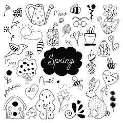 Big doodle set of spring elements vector illustration. Watering can, rabbit, tree, flowers, plant, bird house, jar, bee and other symbols.