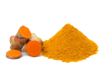 Turmeric (curcumin) powder and rhizomes isolate on a white background,Used for cooking and as herbal medicine,copy space.