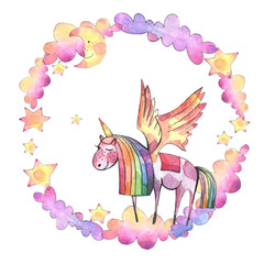 Round frame of a cartoon unicorn, clouds and stars. Hand drawn watercolor illustration.