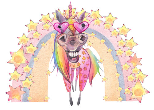 Funny cartoon unicorn under a rainbow of stars. Hand painted watercolor illustration. 