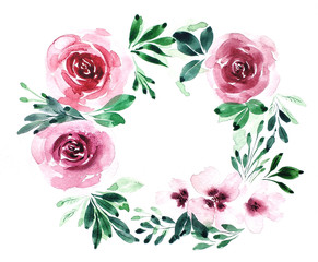 Watercolor wreath with green leaves and pink roses