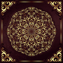 Vintage background mandala card with golden lace ornaments and art deco floral decorative elements