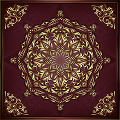 Vintage background mandala card with golden lace ornaments and art deco floral decorative elements