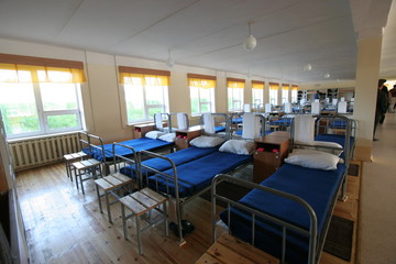 Bedroom department in the military barracks. Barracks for soldiers