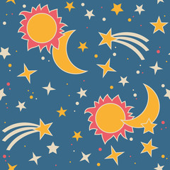 Fototapeta na wymiar Vector seamless pattern with moon, sun and stars