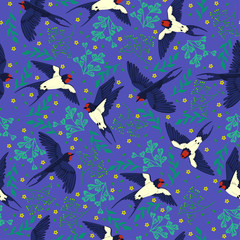 Fototapeta na wymiar Seamless pattern with swallows and flowers. Vector graphics.