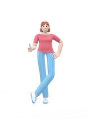 Young happy girl posing in free pose hand thumb up. Positive character in casual colored clothes isolated on a white background. Funny, abstract cartoon man. 3D rendering.