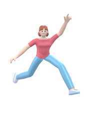 A young happy girl dances, jumps, levitates and flies her arms up. Positive character in casual colored clothes isolated on a white background. Funny, abstract cartoon people. 3D rendering.