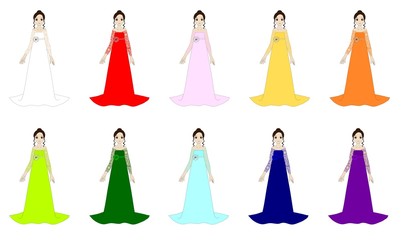 さまざまな色のエンパイアラインのドレスを着た女性