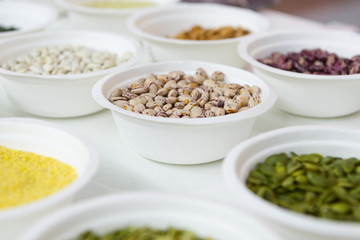 Peeled beans in a white plastic plate. Around in the same plates are various seeds, nuts and beans.