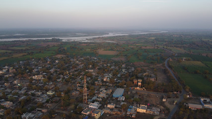 Aerial view of Indian agricultural fields and village 
