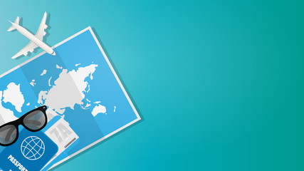 Background for travel banner. World map, passport, airline tickets, sun glasses, toy airplane. Poster with place for text.