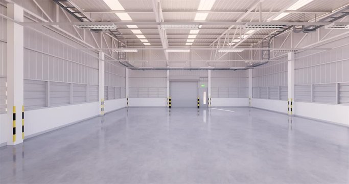 3d rendering of empty warehouse building and concrete floor and shutter door move pan, nobody empty space suit for product display, industrial background.