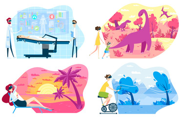 People in VR augmented glasses of virtual reality, innovative technologies in medicine and recreation vector illustration. Virtual reality projection, surgeon performing operation, woman relaxing, man