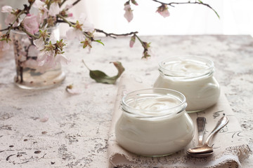 Natural homemade organic yogurt in glass jars. Dairy products concept