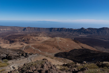Fototapeta na wymiar View from Teide то Las Canadas Caldera volcano with solidified lava and Montana Blanca mount. Teide national Park, Tenerife, Canary Islands, Spain. Panorama