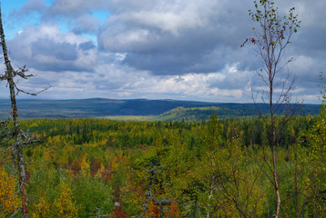 View to taiga forest and lakes from Mountain Vottovaara, Karelia, Russia