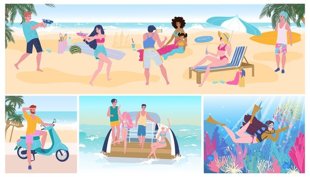 Summer vacation party on beach, people having fun, active leisure vector illustration. Men and women on ocean beach, suntanning, diving and taking pictures. Friends relaxing on boat, summer seaside