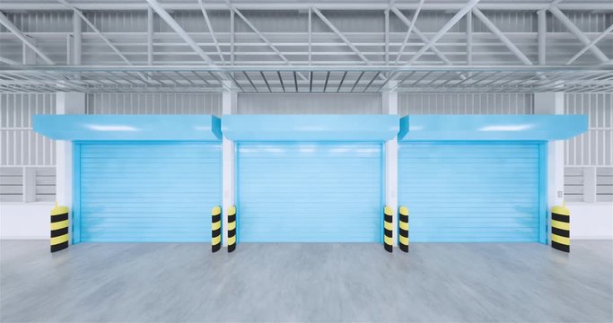 3d rendering of empty warehouse building and concrete floor and shutter door move zoom in for industrial background.