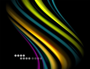 Silk smooth lines on black, liquid fluid color waves. Vector Illustration