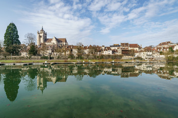 Ancient French classic medieval town with river in front, Dole, Burgundy, France